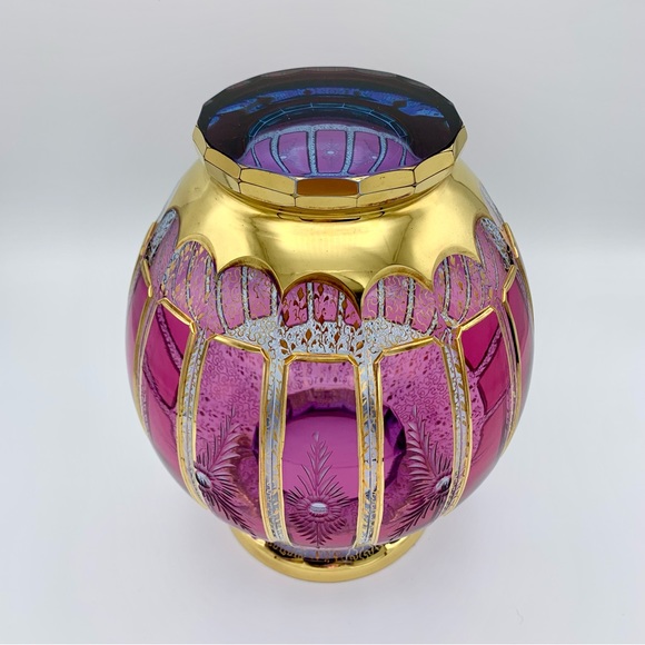 RARE Bohemian Moser Cabochon Vase 10” Cranberry Panel Intaglio, Clear Blue, 24K - Picture 10 of 16